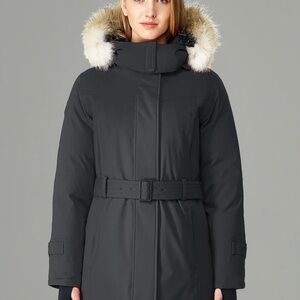 Women's Black Belted Parka with Fur Hood